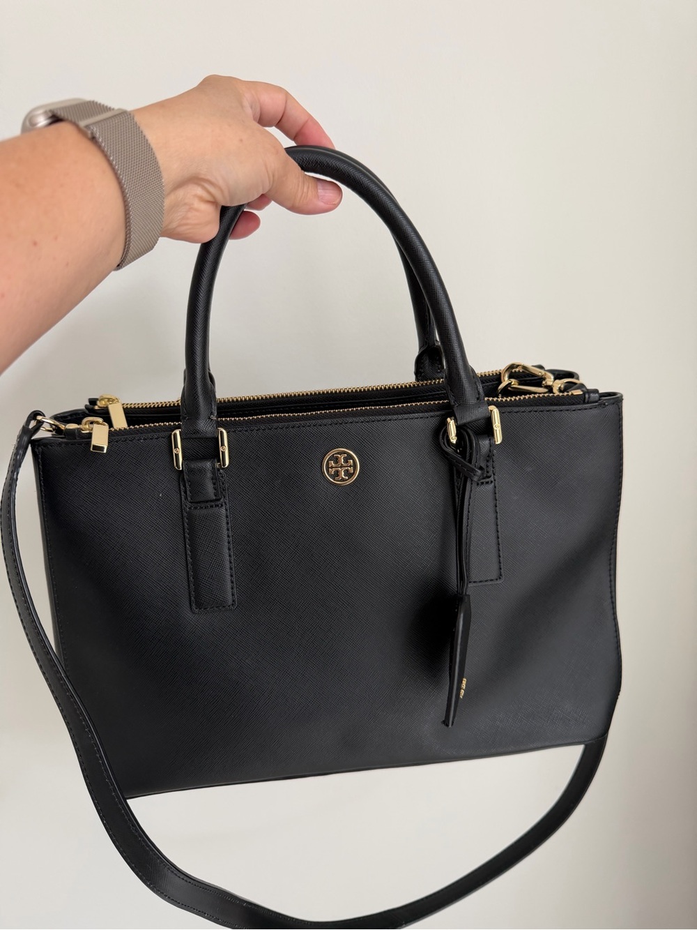 Tory Burch Black Leather Satchel with Gold Hardware